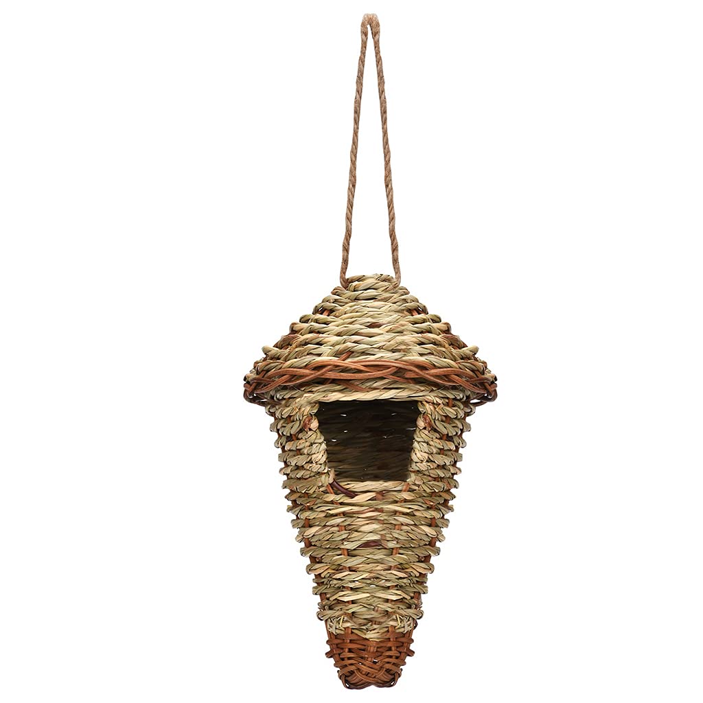 NEWFT Handwoven House Grass Knitted Birdhouse Natural Straw for Sparrow Hanging Roosting Nest Pointed Bottom