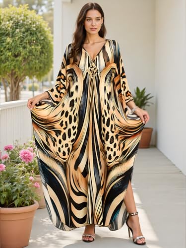 Image of IMAGEKOPE Women's Plus Size Animal Print V-Neck Batwing Kaftan Beach Dress Bathing Suit Cover-Up Loungewear