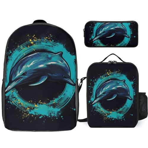3 Piece Backpack for Women Men Lightweight Causal Daypack Shoulder Bag Set with Insulated Lunch Bag And Pencil Case Organizers Hoop Jumping Dolphin