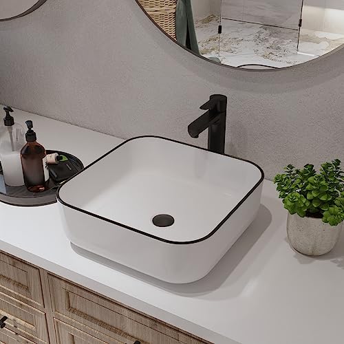 DeerValley-15-x-15-Bathroom-Sinks-Vessel-Sink-Square-White-Ceramic-Bathroom-Vessel-Sinks-Bath-Sink-Above-Counter-Vanity-Sink-Basin-Sink-Bowl-for-Bathroom-White-Body-with-Black-Trim-DV-1V0033 DeerValley 15 x 15 Bathroom Sinks Vessel Sink Square White Ceramic Bathroom Vessel Sinks Bath Sink Above Counter Vanity Sink Basin Sink Bowl for Bathroom White Body with Black Trim DV 1V0033