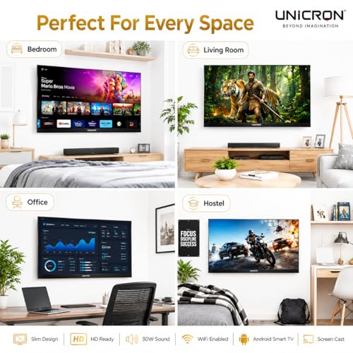 Image of UNICRON TE 32 Inch Android Smart TV, HD Ready LED Television with WiFi, 30W Sound with in Built Speaker & IPS Bright Display, Apps Compatible (Netflix, Prime)