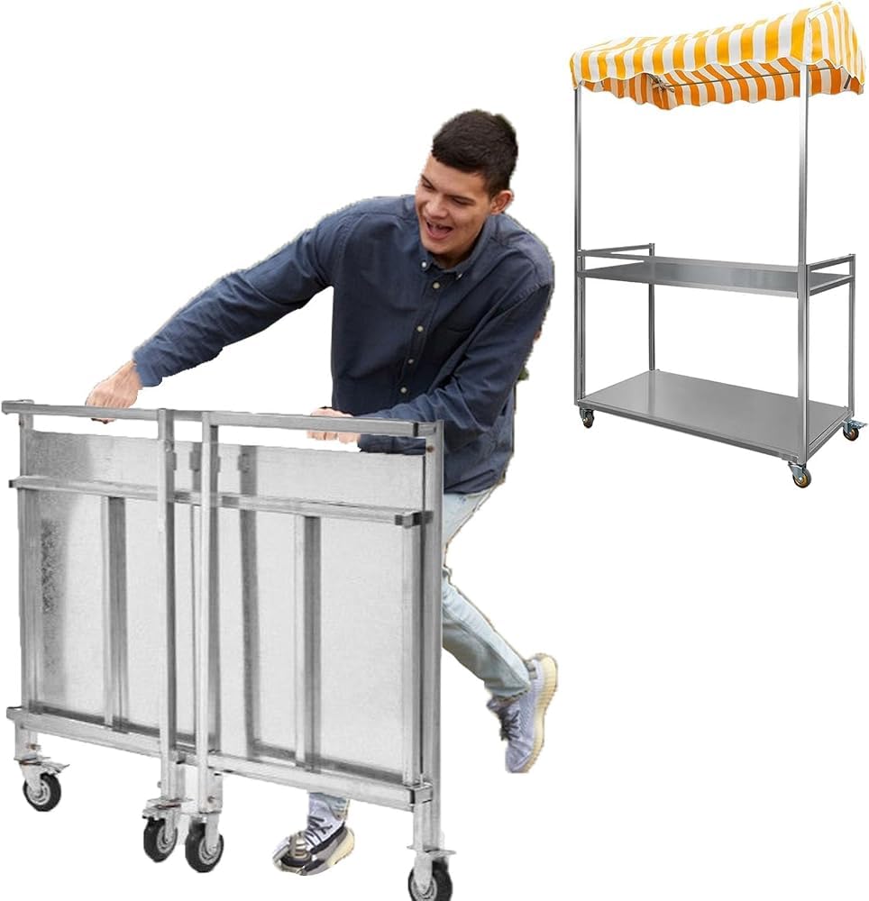 Carrello alimentare commerciale pieghevole portatile con ruote e tenda, bancarella di distribuzione in acciaio zincato resistente, chiosco per concessione per affari, mercato, festival, eventi
