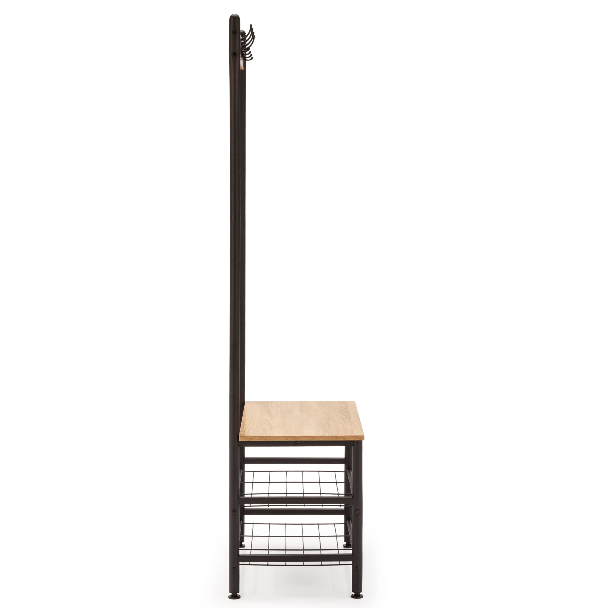 HOMN LIVING Perchero con zapatero Lisa con banco 2 estantes, color Roble/Negro, 60 cm (Ancho) 40 cm (Profundo) 175 cm (Altura)