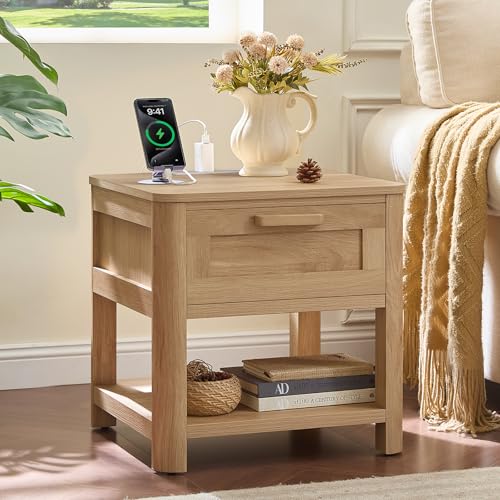 Image of Joaxswe Farmhouse Night Stand with Charging Station, Wood Bed Side Table with Drawer & Open Storage Shelf for Bedroom, Natural Wood