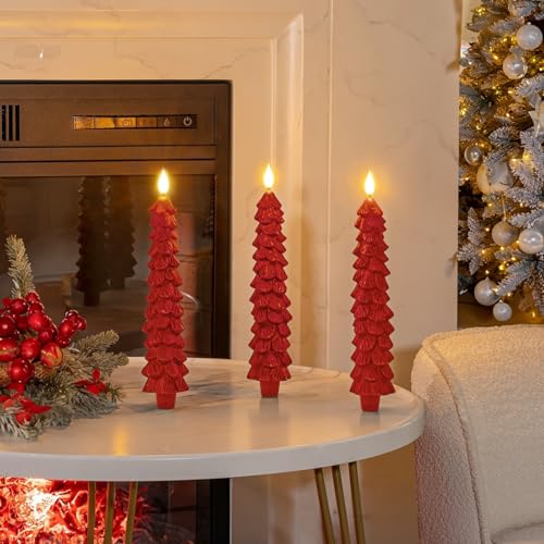 Image of Homemory 3 Pcs Christmas Tree Candles with Remote, Waxy Flameless Taper Candles Flickering, Red LED Candlesticks Battery Operated for New Year Celebration Holiday Decorations 9.7 Inches