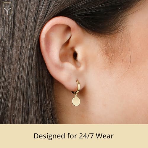 MAX + STONE 14k Yellow Gold Small Huggie Dangle Hoop Earrings for Women with Round Plates 10mm4