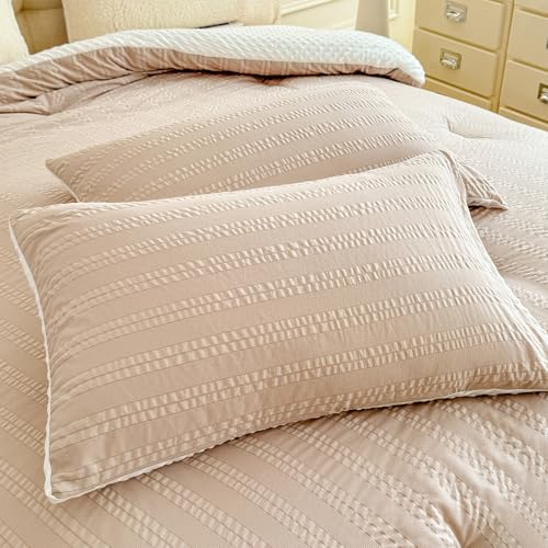 Image of tohrisa Boho Comforter Set Full Size Striped Pleats Bohemian Seersucker Bedding Set All Season Soft Cozy 3 Pieces Quilt with 2 Pillowcases(80 inchX90 inch Beige)