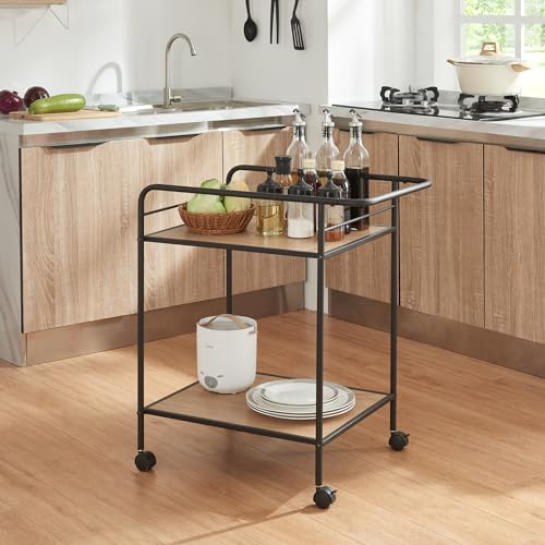 [en.casa] Carro de Servicio con 2 Estantes Carrito de Camarera Rectangular con Barra Anticaída Carrito de Cocina Baño con 4 Ruedas Metal MDF 72 x 62 x 45 cm   Negro y Roble