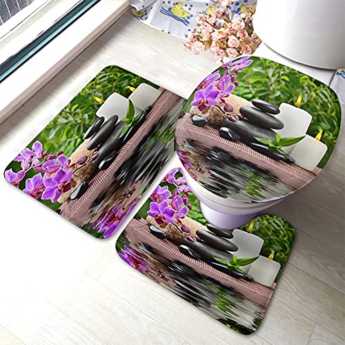 Set 3 Teilig Badvorleger Zen Basalt Stein Orchideen Bambus Schwarz Kiesel Felsen Badgarnitur...
