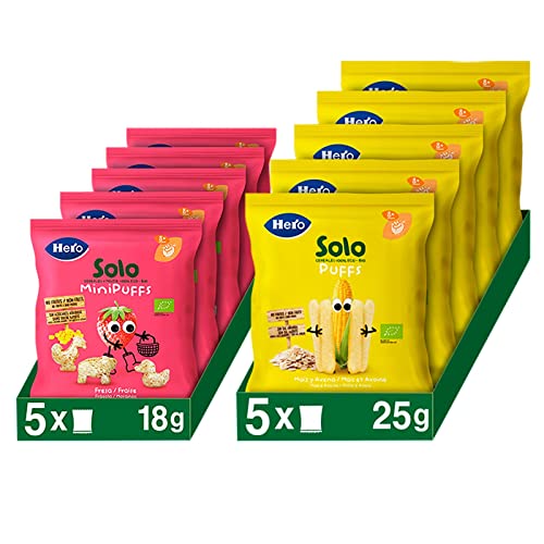 Hero Solo Snacks Infantiles Ecológicos, con Ingredientes Naturales, Sanos y Saludables - 5 Snacks de Fresitas y 5 Snacks de Maíz y Avena - Total 10 Bolsitas