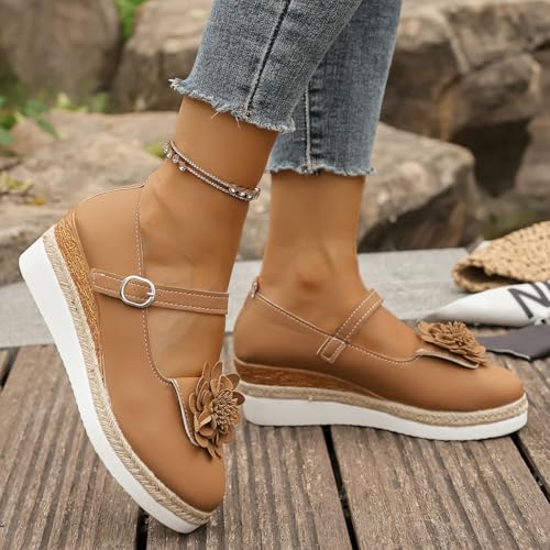 Wedge Mary Jane for Women Dressy Espadrilles Platform Loafers Comfortable Round Toe Buckle Ankle Strap Heeled Shoes Slip-on Light Weight Walking Shoes Fashion Dress Shoes Leather Pumps2