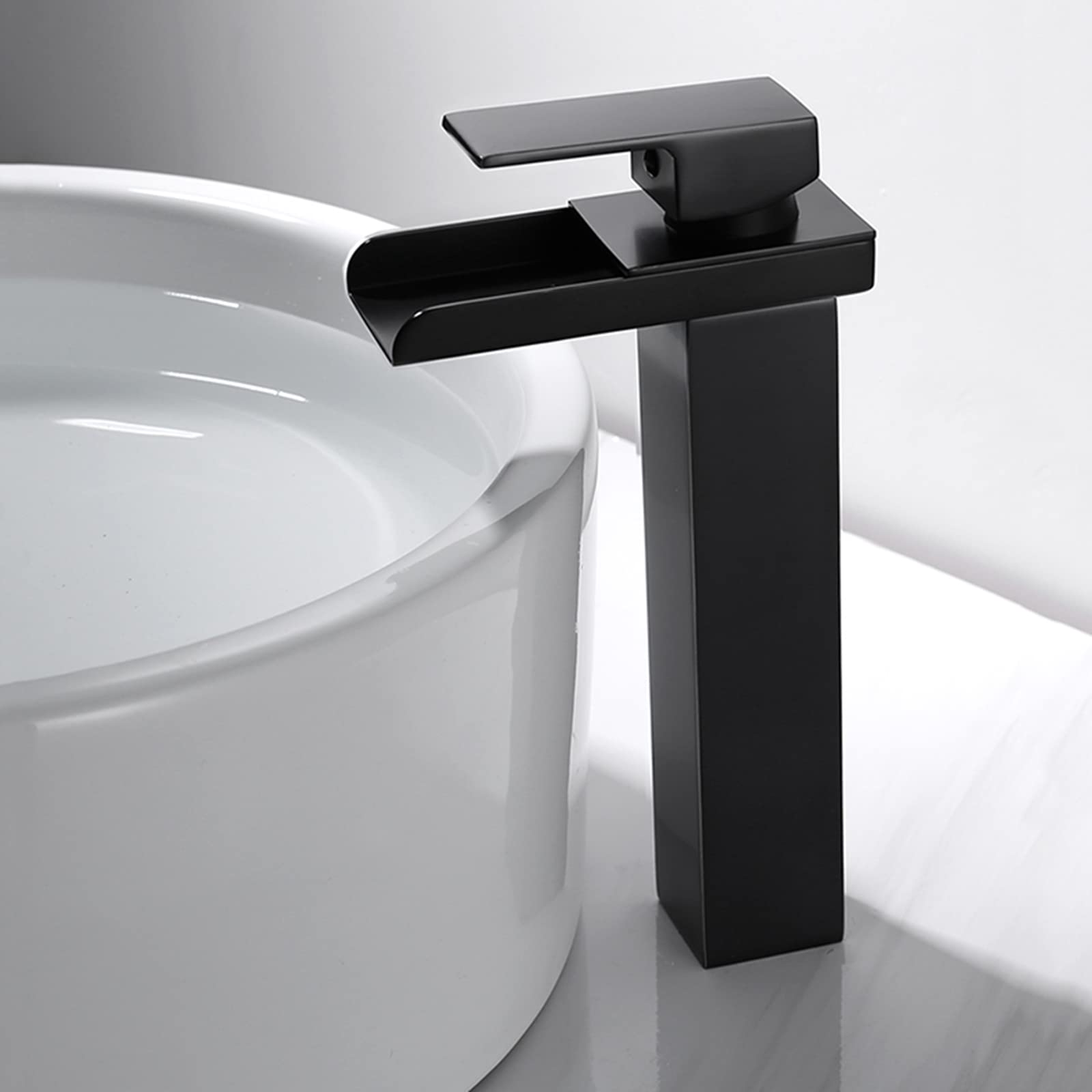 HCFYAUIS High Rise Basin Mixer Tap, Waterfall Taps for Bathroom Sink Hot and Cold, Brass Taps for Bathroom Basin,Black A