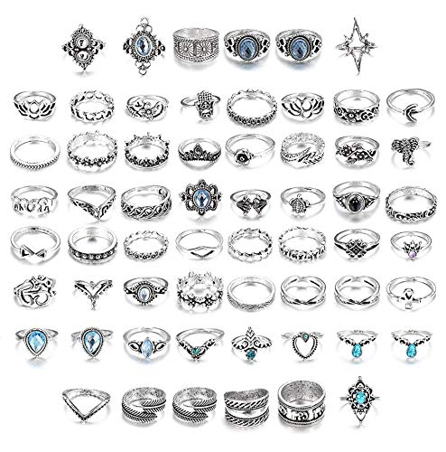 CASSIECA 60 Stücke Vintage Knuckle Ringe für Frauen Mädchen Strass Finger Midi Ring Silber Stapelbar Ringe Set Böhmischen Modeschmuck Geschenk