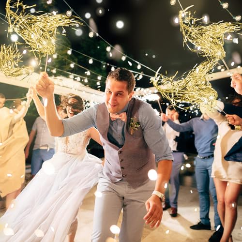 Image of Simgoing 100 Pcs Lighted Wedding Wands LED Tinsel Wands Light up Streamers Sparklers for Wedding Send Off and Exits Birthday Party Props Favors(Gold)