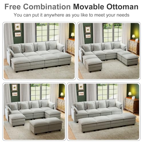 Image of 107 inch Cloud Couch Sectional Modular Sofa, Deep Seat Couches with Ottoman and Removable Washable Pillows for Living Room, Bedroom, Apartment, Light Grey