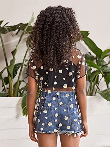 COZYEASE Girls' Mesh Top Floral Print Lettuce Trim Loose Sheer T Shirt Cover Up Top Without Cami Top2
