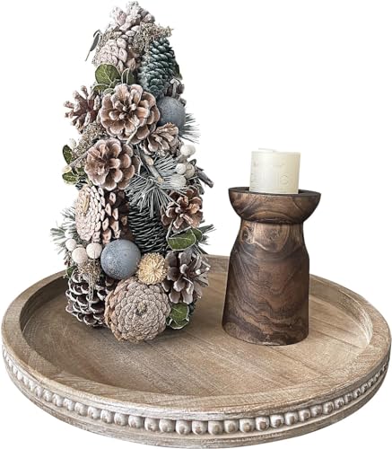 Image of Sheesham Wood Serving Trays Set with Handles, Rustic Nesting Trays Stackable Platters for Serving Cakes, Pastries, Snacks, Breakfast Size 12 INCHES (Round Tray 4)