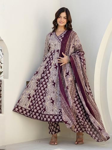 Image of Pure Cotton Anarkali Kurta Set for Women with Dupatta | 3 Piece Cotton Anarkali Suit | Floral Aari Work | Flared Ethnic Wear