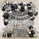 Black Birthday Decorations for Men with White Black and silver Balloons Banner Metallic Silver Fringe Curtain for 21st 25th 27th 30th 35th 40th 50th 60th Men Birthday Decorations