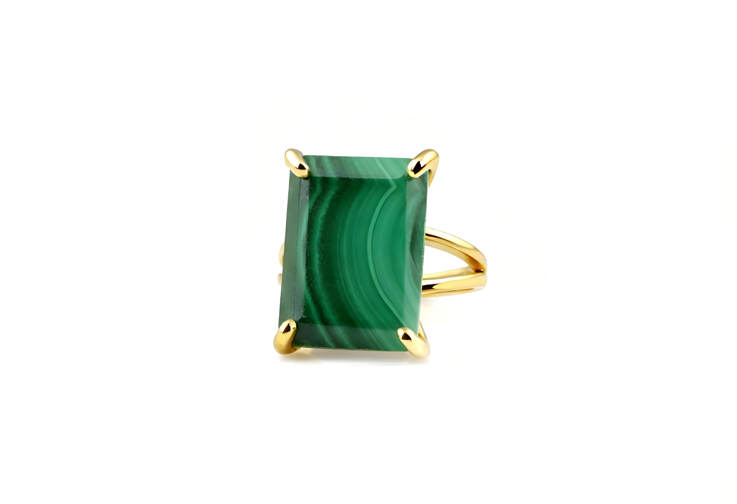 Anillo Rectangular con Cristal de Malaquita - Anillos de Piedra Artesanales para Mujer - Anillos de Moda, de Regalo, Casuales, de Novia - Ideas de Regalo para Ella