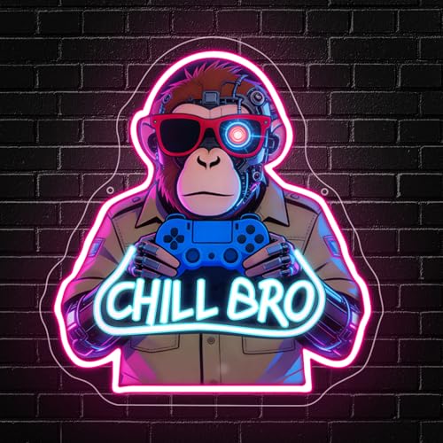 RuCvixkt Chill Bro Cartel de neón para decoración de pared, cartel de neón de mono para decoración de juegos, cartel LED para sala de juegos, decoración de habitación de hombres, gran regalo para