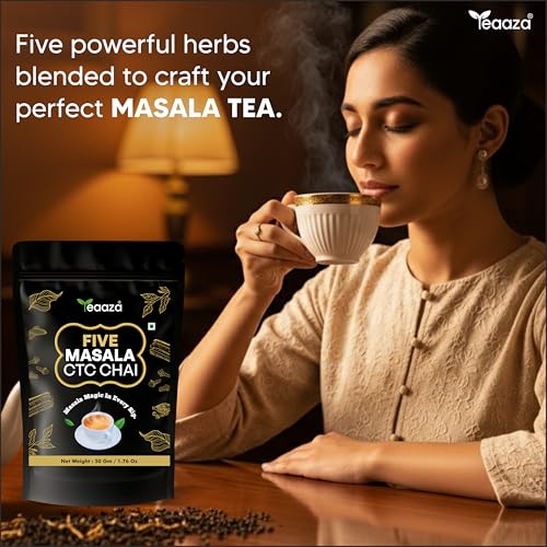 Image of Teaaza premium masala chai, Assam ctc tea blend with 5 natural ingredients- Black Pepper, Ginger, Cinnamon, Cardamom & Clove | Strong Indian Spiced Black / Milk Tea | Natural Ingredients, Bold Flavor -50g