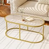 Coffee Table Gold Glass Coffee Table for Living Room, Oval Table Center Table with Ribbed Glass Top and Sturdy Metal Frame,Modern Glass Accent Tables for Bedroom Home Office