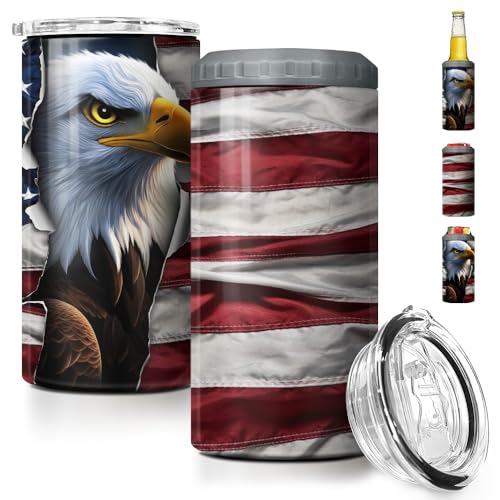 Image of SANDJEST Eagle Tumbler American Flag 4 in 1 12oz Can Cooler Coozie Skinny Stainless Steel Tumbler Gift for Men Dad Father Travel Veteran Day 4th of July