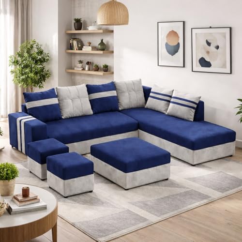 Image of Stova Luxe Velvet-Suede Fabric 8 Seater RHS Sofa Set | with 2 Ottomans& Centre Table| Comfortable & Spacious Seating | Modern Sofa Set for Living Room - Light Grey & Dark Blue