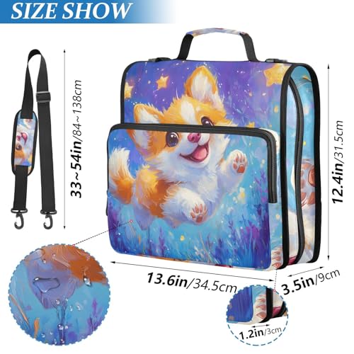 Image of Corgi Dog Star Cartoon Zipper Binder Bag 3 Ring Binder with Shoulder Strap Zip Up 500 Sheets Capacity Multi Pockets for School Office Supplies