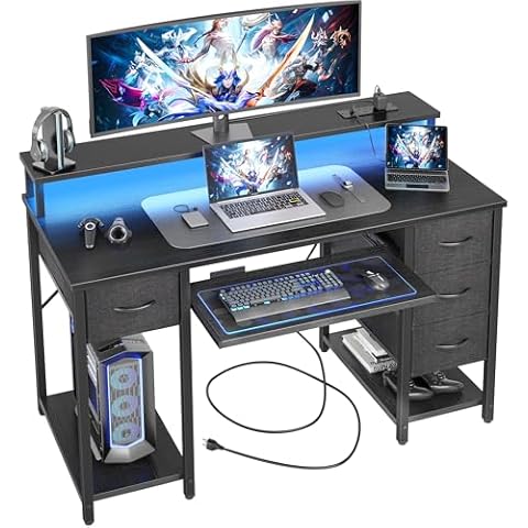 TIQLAB Computer Desk with Drawers and Power Outlets, 47 Inch Gaming Desk with LED Lights, Home Office Desk with Monitor Stand and Keyboard Tray, Study Writing Work Desk for Home Office, Black Cover