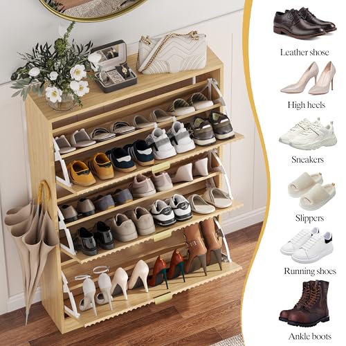 Image of HUANLEGO Shoe Cabinet Storage for Entryway with 3 Flip Drawers, Oak Fluted Shoe Cabinet with Adjustable Shelves, Wooden Hidden Shoe Rack Freestanding Narrow Slim Shoes Storage for Hallway, Entrance