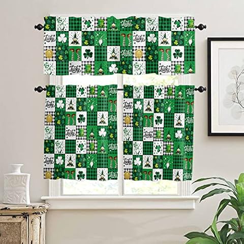 St.Patrick's Day Checkered Kitchen Window Valance and Tier Set,Irish Cute Gnome Lucky Clover Plaid 3 Piece Rod Pocket Valances Tiers Short Curtains Windows Treatment for Bedroom/Bathroom/Living Room Cover