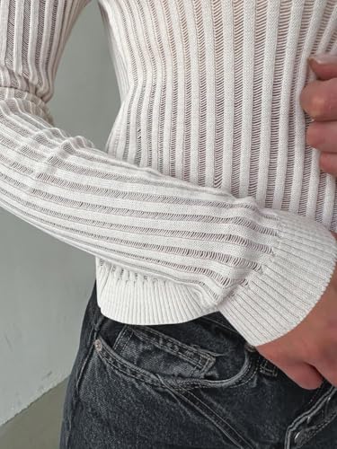 Trendy Queen TRD616 Going Out Tops For Women Sheer Long Sleeve Tops 2024 Fall Crewneck Mesh See Through Sweaters Y2K Outfits White thumb #4
