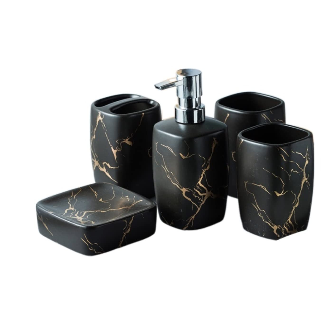 Badzubehör Set Badezimmer Zubehör Set Badezimmer-Accessoires-Set Mit Marmormuster, Luxuriöses Keramik-Badezimmer-Set, Bad-Ornament Für Einweihungsgeschenk Badezimmer Set ( Blue : Black , Size : 5pcs )