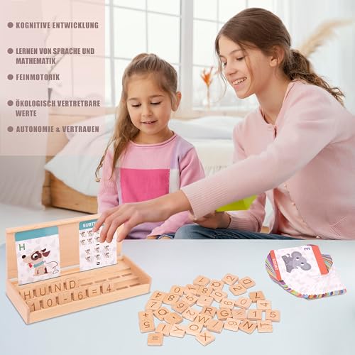 MONTINATUR Montessori Spielzeug ab 3 Jahre – Holzspielzeug & Lernkarten Kinder, Pädagogisch wertvoll – Lernspiel zum Zahlen, Rechnen & Buchstaben Lernen mit 54 Karten