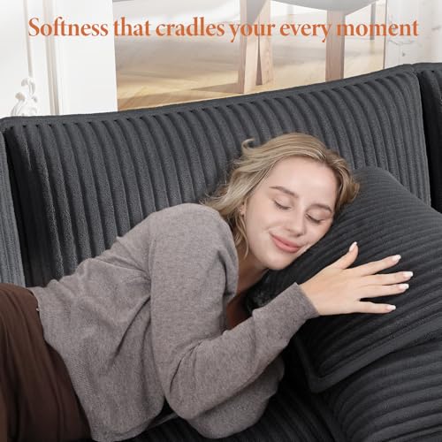 Image of Vesgantti 109 inch U Shaped Cloud Sectional Sofa, Comfy Corduroy Upholstered Sectional Modular Sofas for Living Room, Modern Modular Couch with 2 Ottoman Deep Seat, Dark Grey