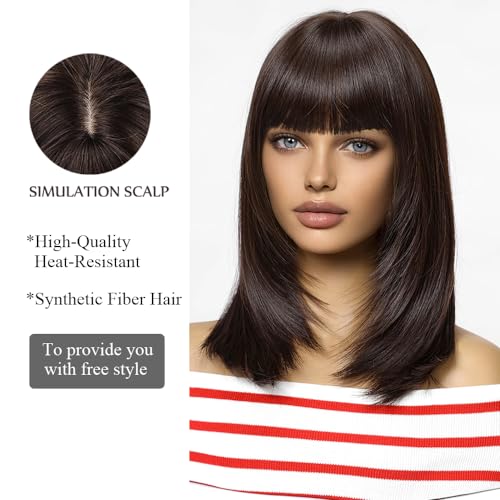 OUFEI Dark Brown Bob Wig With Bangs Short Straight Wig For Women Synthetic Hair Wigs for Daily Party Cosplay Wear - Image 3