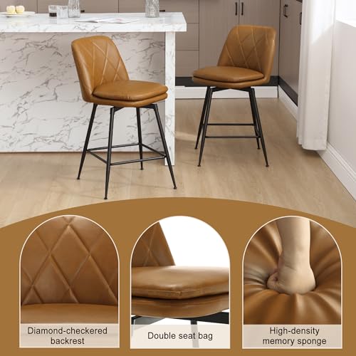 Image of Swivel Bar Stools Set of 2, Swivel Counter Height Bar Stools Set with Metal Legs and Upholstered Faux-Leather Seats, Modern Bar Stool with Back for Kitchen Island (A26 H, Brown)
