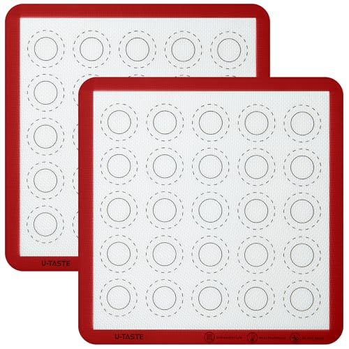 Image of 446ºF Heat Resistant Macaron Mat: U-Taste 11x11in Non Stick Silicone Baking Mat, Reusable Cookies Pastry Sheet Liner with Edge Enhancement & Circle Measurement for Square Cake Pan (2 PCS, Red)