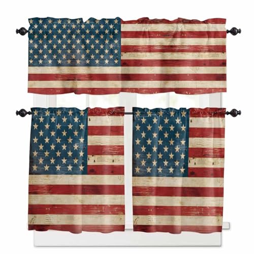 American Flag Kitchen Curtains 24 Inch Length, 3 Piece Rod Pocket Small Half Tiers and Valance Set, Red Strip Vintage Shabby US Flag Small Large Window Treatment Decor for Bedroom/Bathroom Sink