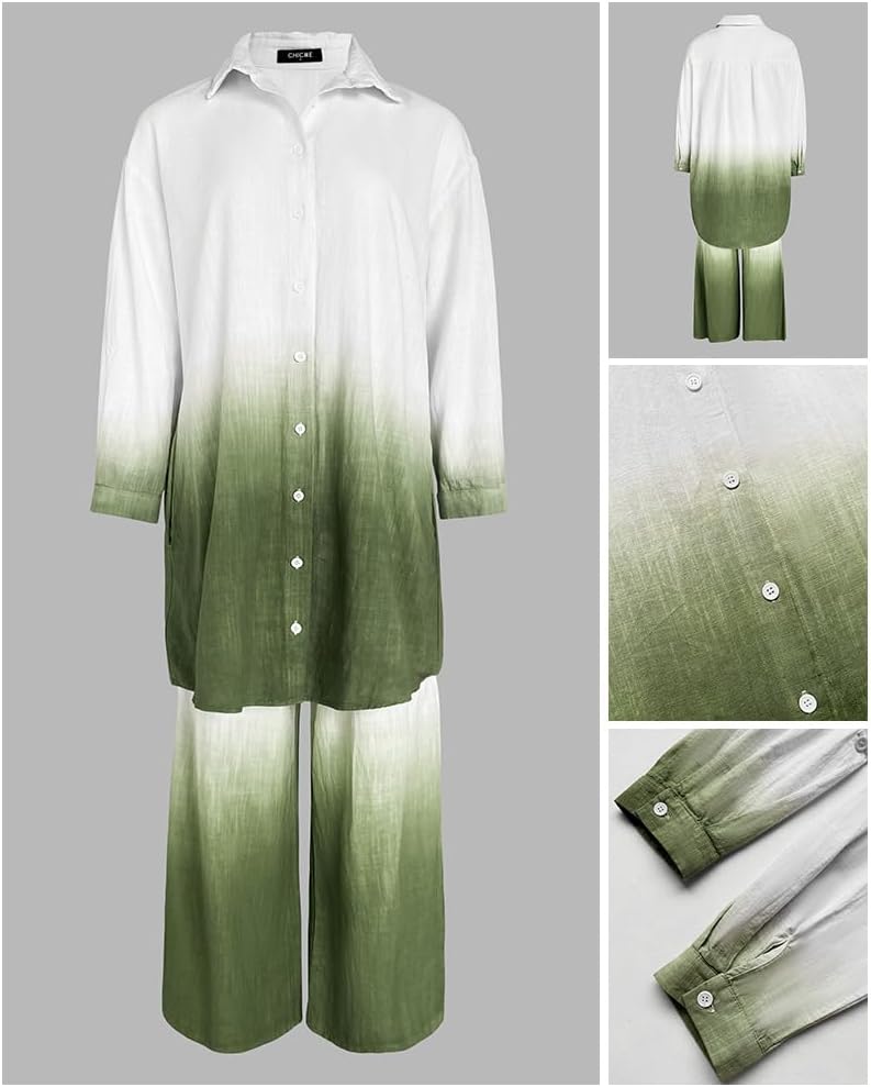 CHICME Women's 2 Piece Outfits Ombre Print Long Sleeve Blouse Casual High Waist Wide Leg Pants Set Without Belt - Image 5