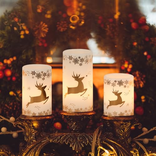 Image of Eldnacele Christmas Flickering Flameless Candles with 6 Hour Timer, Gold Deer Decal Battery Operated Real Wax LED Pillar Candles Home Tabletop Holiday Decor(3Pcs,3x4 /5 /6 Inches)
