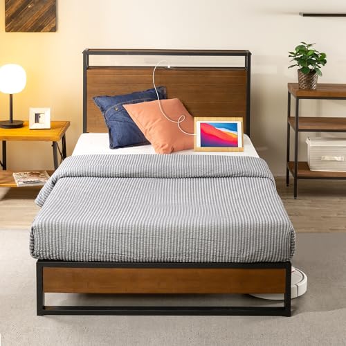 image for ZINUS Suzanne Bamboo and Metal Platform Bed Frame with Headboard Shelf