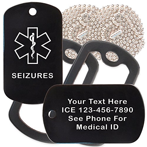 Goods For Giving Custom 2 Pack - Seizures Medical Alert ID Necklaces with Black Custom Tags, Black Silencers, and 30'' USA Chains