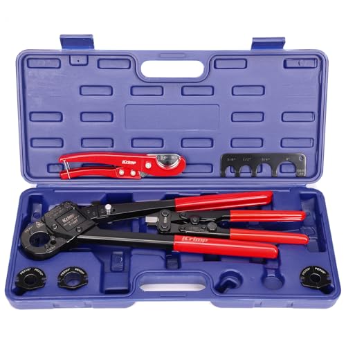 iCrimp Angle Head PEX Crimping Tool Kit for 3/8,1/2,3/4,1-inch with Copper Ring Removal Tool, Pex Pipe Cutter and Gauge, Meets ASTM F1807 Standard, Suitable for Tight Spaces
