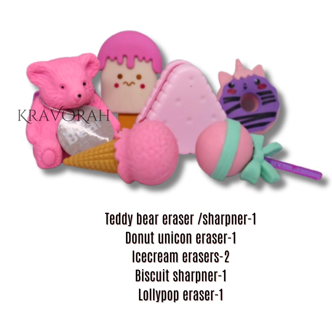 KRAVORAH Pink-Themed Stationery Gift Set – 6 Fun Items: Ice Cream Sharpener, Teddy Bear Eraser/Sharpener, Lollipop Eraser, Biscuit Sharpener – Perfect for Gifting, Kids, and Creative Desks 1