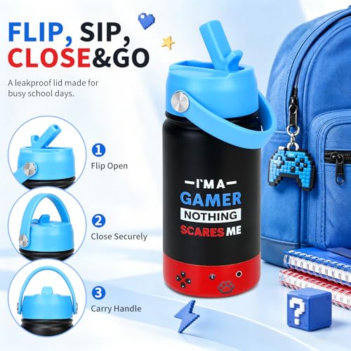 Image of Kids Insulated Water Bottle with Straw Lid, 14oz Double Wall Vacuum Stainless Steel Tumbler, Leak Proof Reusable Metal School Cup for Boys Girls, Keep Cold 24H Hot 12H (Blue-Red-I M A（Pack 2）)