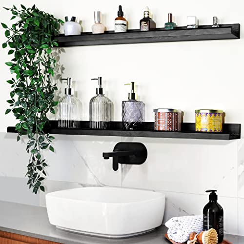 Annecy Floating Shelves Wall Mounted Set Of 3, 36 Inch Black Rustic Wood Shelves For Wall, Wall Storage Shelves With Guardrail Design For Bedroom, Bathroom, Kitchen, Office, 3 Different Sizes #TOP5