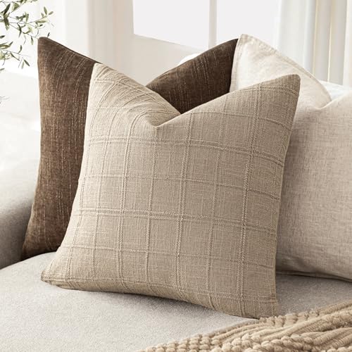 Image of Foindtower Set of 1 Decorative Linen Check Throw Pillow Cover Neutral Farmhouse Vintage Cushion Cover Modern Coastal Boho Home Decor for Sofa Chair Couch Bedroom Living Room,24x24 Inch,Camel